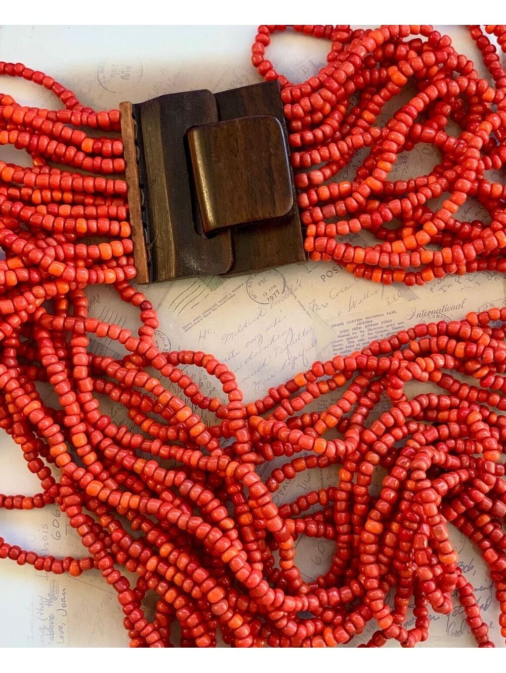Vintage Multi Strand Coral Orange Seed Bead Statement Collar Necklace